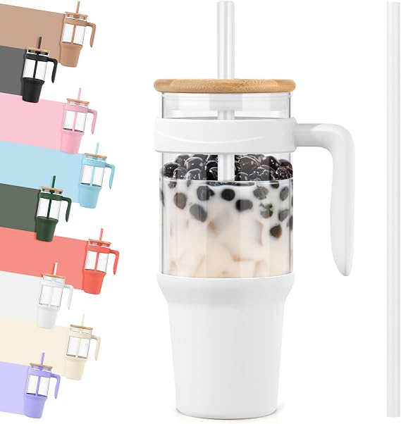 Tronco 40 oz Glass Tumbler with Handle & Bamboo Lid